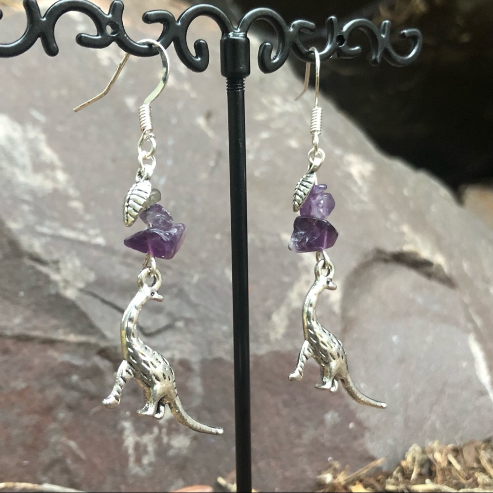 Dinosaur Leaf Purple Rock Earrings